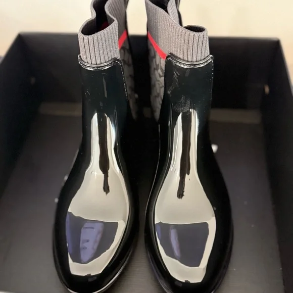 Coach Black Patent Chelsea Boot with Signature Ankle Panel and Red Stripe - Picture 2 of 5